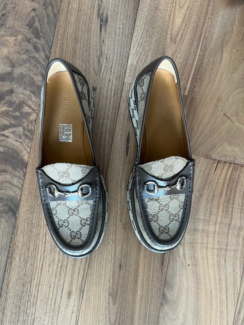Gucci Monogram Horsebit Calfskin Womens Horsebit Wedge Platform Loafers